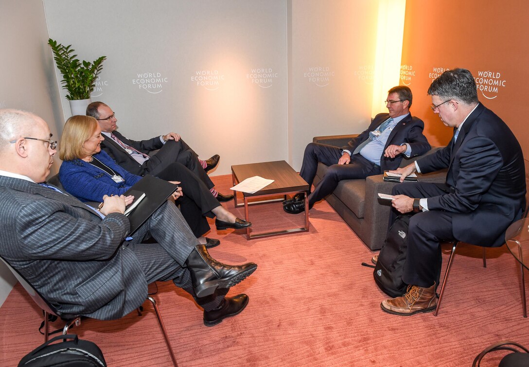 U.S. Defense Secretary Ash Carter meets with Meg Whitman, president and CEO of Hewlett Packard Enterprise, while attending the World Economic Forum's annual meeting in Davos, Switzerland, Jan. 22, 2016. DoD photo by Army Sgt. 1st Class Clydell Kinchen