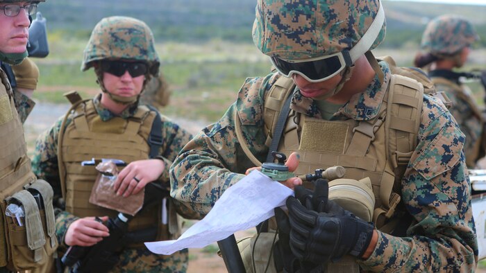 Marines with Marine Wing Headquarters Squadron (MWHS) 3 conduct a land navigation course during their Command Post Exercise aboard Marine Corps Air Station Miramar, California, Jan. 19. Marines with MWHS-3 participated in a three-day, two-night CPX designed to instill and improve field and tactical skills of the Headquarter Marines, Jan. 19-21.