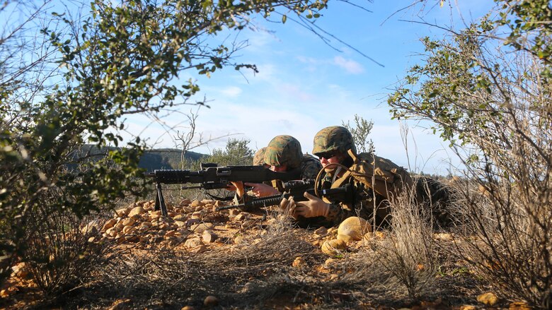 Marines with Marine Wing Headquarters Squadron (MWHS) 3 engage simulated targets with a M240B medium machine gun during their Command Post Exercise aboard Marine Corps Air Station Miramar, California, Jan. 19. Marines with MWHS-3 participated in a three-day, two-night CPX designed to instill and improve field and tactical skills of the Headquarter Marines, Jan. 19-21.