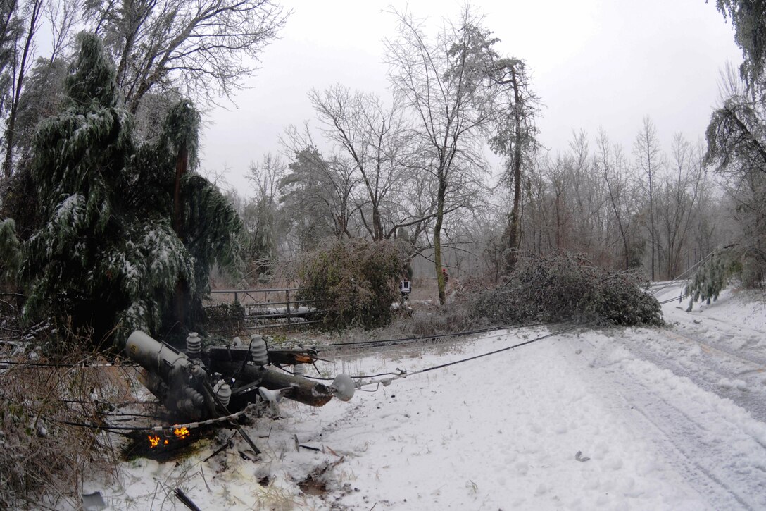 An electrical transformer and cables burn and fallen trees block a road during a winter storm around Greenville and Travelers Rest, S.C., Jan. 22, 2016. South Carolina National Guard photo by Army Staff Sgt. Roby Di Giovine