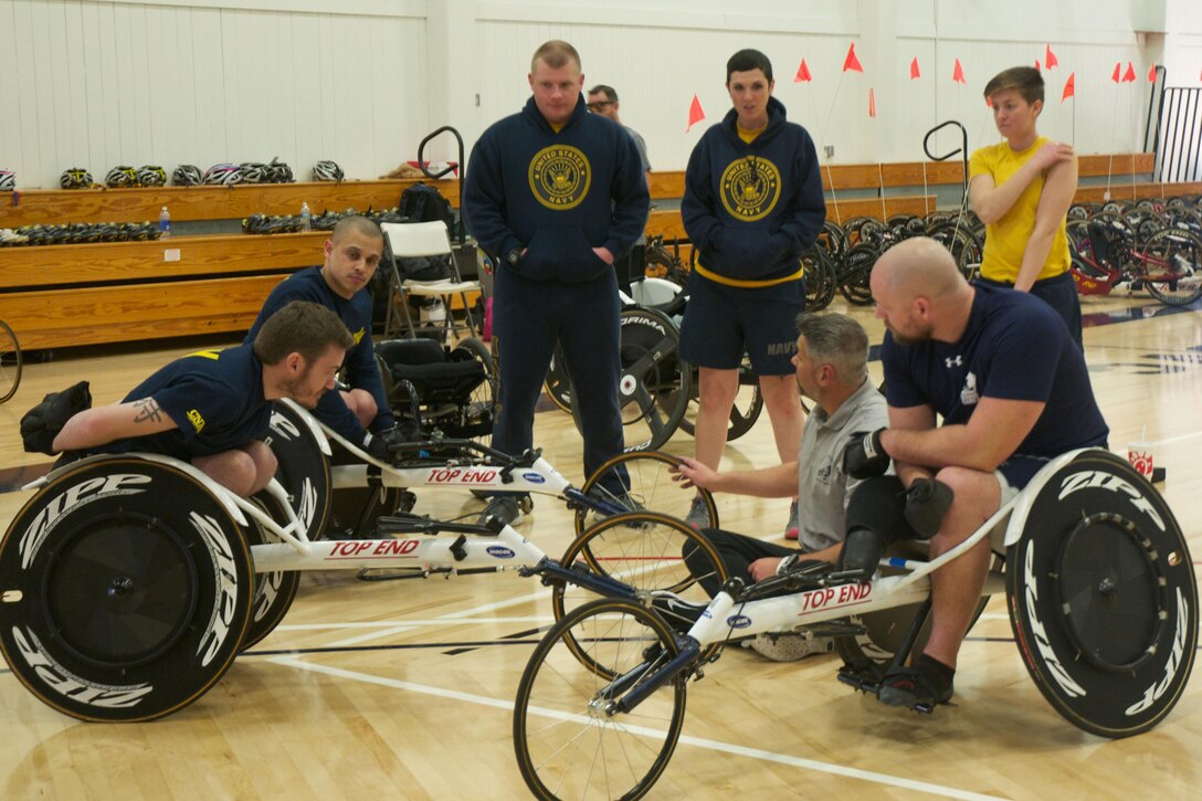 Navy wounded warriors participate in a track training session at the adaptive athletics camp on Naval Base Ventura County, Calif., Jan. 17, 2016. U.S. Navy photo by Shannon Leonard