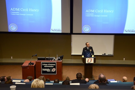 U.S. Navy Adm. Cecil D. Haney, U.S. Strategic Command (USSTRATCOM) commander, delivers the keynote speech during the USSTRATCOM Leader Fellowship Program kick-off event at the University of Nebraska at Omaha's (UNO) Mammel Hall, Omaha, Neb., Jan. 23, 2016. During the event, Haney and other senior leaders from the command joined University of Nebraska senior leaders and faculty in recognizing the 10 USSTRATCOM Fellows for their selection into the program. The 13-week course brings civilian employees together with national security and defense experts from the University of Nebraska for a classroom-based, hands-on learning opportunity that will provide graduate-level leadership development. UNO, the University of Nebraska and USSTRATCOM launched the initiative in March 2014 under the University of Nebraska's National Strategic Research Institute (NSRI), one of only 13 Department of Defense-sponsored University Affiliated Research Centers (UARCs) in the nation. One of nine DoD unified combatant commands, USSTRATCOM has global strategic missions, assigned through the Unified Command Plan, which include strategic deterrence; space operations; cyberspace operations; joint electronic warfare; global strike; missile defense; intelligence, surveillance and reconnaissance; combating weapons of mass destruction; and analysis and targeting. (USSTRATCOM photo by U.S. Air Force Staff Sgt. Jonathan Lovelady)