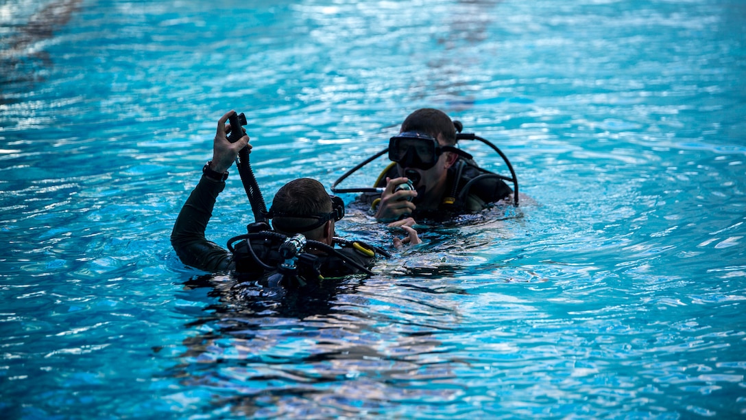 Marines with 2nd Reconnaissance Battalion prepare to dive in the pool during the Dive Supervisor Course at Camp Lejeune, N.C., Jan. 19, 2016. The course certifies Marines as dive supervisors whose mission is to oversee dives and ensure that operations are conducted safely and effectively. 