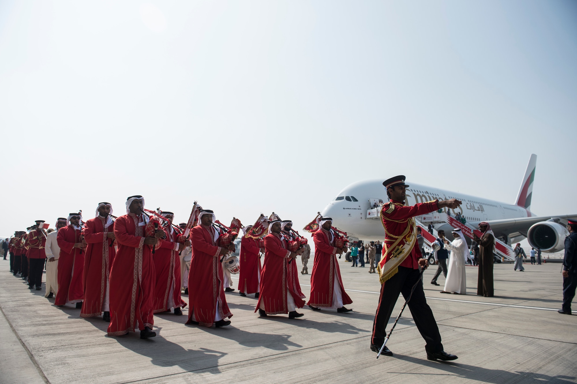 The Bahrain Police Band play at the Bahrain International Airshow at Sakhir Airbase in Manama, Bahrain, Jan. 21, 2016. The Bahrain International Airshow was held from Jan. 21-23, 2016. (U.S. Air Force photo by Staff Sgt. Corey Hook/Released)