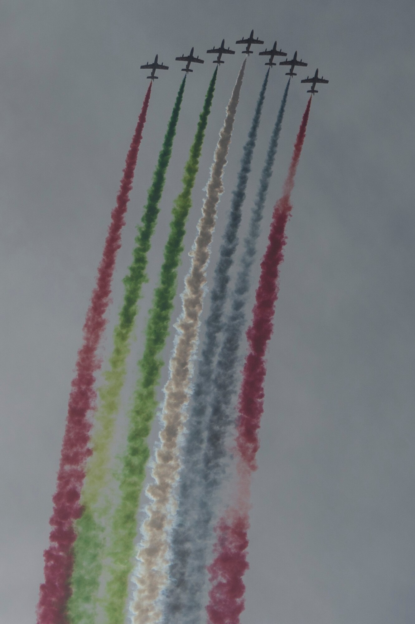The United Arab Emirates Air Force Al Fursan demonstration team perform at the Bahrain International Airshow at Sakhir Airbase in Manama, Bahrain, Jan. 22, 2016. The Al Fursan planes are painted in black, gold, white, red and green colors and are equipped with smoke generators producing red, green, white and black smoke which are their national flag colors. (U.S. Air Force photo by Staff Sgt. Corey Hook/Released)