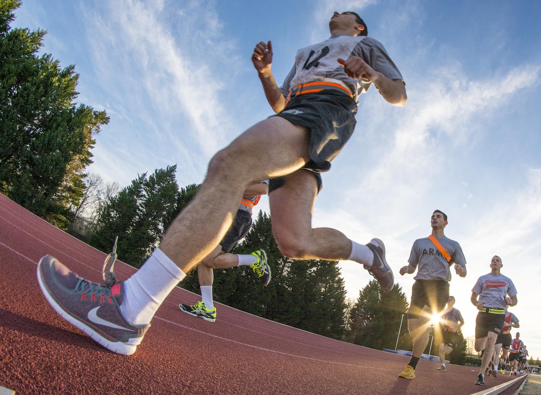 Army ROTC cadets participate in a two-mile run during an Army Physical Fitness Test at Clemson University in South Carolina, Jan. 14, 2016. U.S. Army photo by Staff Sgt. Ken Scar