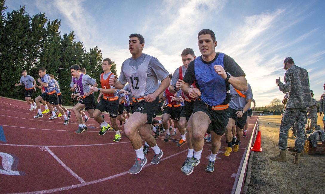 Army ROTC cadets take off in a two-mile run during an Army Physical Fitness Test at Clemson University, S.C., Jan. 14, 2016. U.S. Army photo by Staff Sgt. Ken Scar 