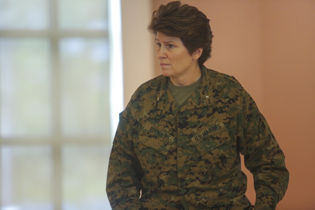 Brig. Gen. Loretta E. Reynolds, commander of U.S. Marine Corps Forces Cyberspace Command, was the guest speaker at a Lean In Circle event with leaders across II Marine Expeditionary Force at Camp Lejeune, N.C., Jan. 20, 2016. In Sept. 2015, Secretary of Defense Ash Carter announced a partnership with LeanIn.Org, founded by Facebook’s chief operating officer, Sheryl Sandberg, and his commitment to bring Lean In Circles to military installations throughout the Department of Defense as a resource to be used for mentorship at the lowest levels.  (U.S. Marine Corps photo by Cpl. Fatmeh Saad/Released)