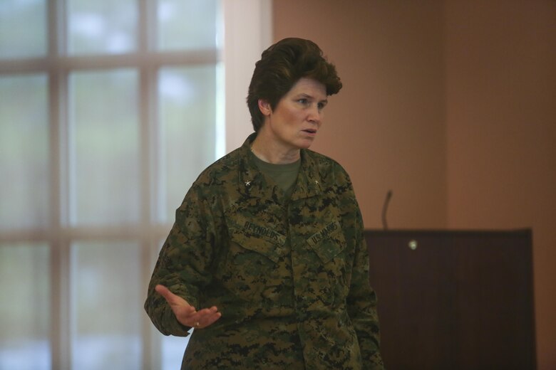 Brig. Gen. Loretta E. Reynolds, commander of U.S. Marine Corps Forces Cyberspace Command, spoke with leaders across II Marine Expeditionary Force as the guest speaker at a Lean In Circle event at Camp Lejeune, N.C., Jan. 20, 2016. In Sept. 2015, Secretary of Defense Ash Carter announced a partnership with LeanIn.Org, founded by Facebook’s chief operating officer, Sheryl Sandberg, and his commitment to bring Lean In Circles to military installations throughout the Department of Defense as a resource to be used for mentorship at the lowest levels.  (U.S. Marine Corps photo by Cpl. Fatmeh Saad/Released