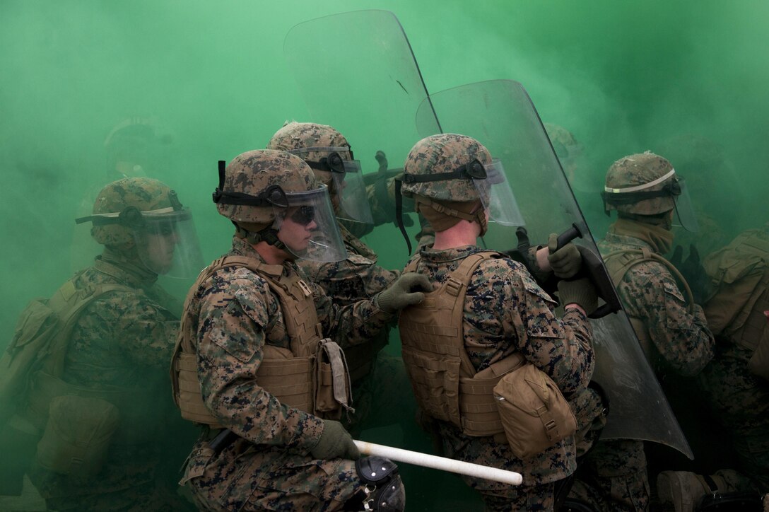 Marines with Battalion Landing Team, 1st Battalion, 6th Marine Regiment, 22nd Marine Expeditionary Unit performed many tactics to maintain control of a simulated riot during a non-lethal weapons course at Camp Lejeune, N.C., Jan. 22, 2016. The Marines participated in the course to ensure mission readiness and to improve their ability to maintain control during a riot. (U.S. Marine Corps photo by Cpl. Chris Garcia/Released)