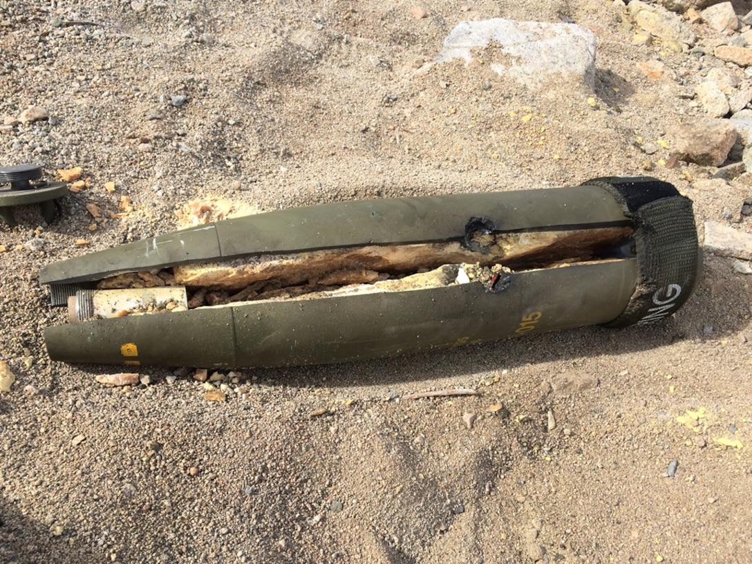 Marines of Explosive Ordnance Disposal Supervisor Course Class 2016020 recently performed techniques on 155mm high explosive projectiles in attempts to low order the unexploded explosive ordnance.  Low order techniques provide EOD technician’s options when dealing with unexploded explosive ordnance in an area that cannot with stand a high order detonation.          