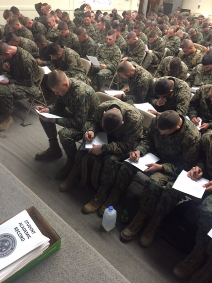 New MCCES students complete an Ethics and Morals quiz while in the Student Reception Center (SRC) Platoon. Every new student in MCCES is a part of this platoon when they first arrive.