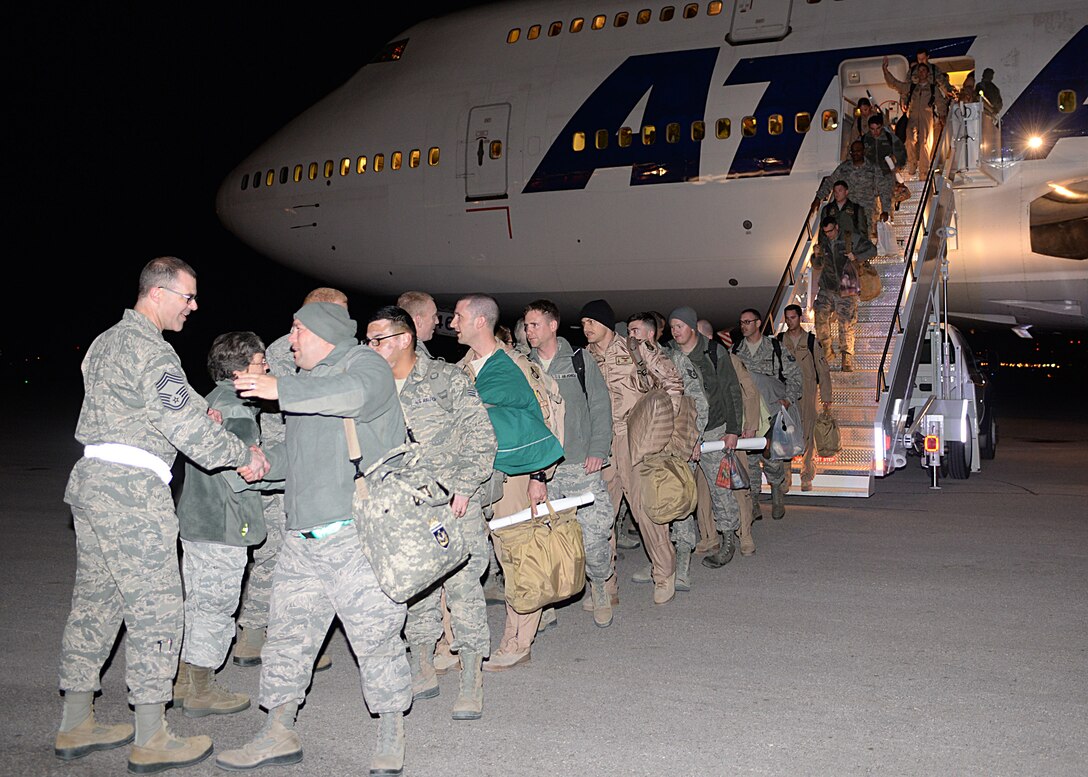 Approximately 350 Airmen returned from a deployment to Southwest Asia at Ellsworth Air Force Base, S.D., Jan. 24, 2016. During Operation Freedom’s Sentinel and Operation Inherent Resolve, Airmen broke previous deployment records by dropping more than 4,850 munitions in six months, and employing around 2,200 munitions in a single month. (U.S. Air Force photo by Airman Sadie Colbert/Released)