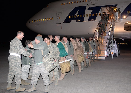 Approximately 350 Airmen returned from a deployment to Southwest Asia at Ellsworth Air Force Base, S.D., Jan. 24, 2016. During Operation Freedom’s Sentinel and Operation Inherent Resolve, Airmen broke previous deployment records by dropping more than 4,850 munitions in six months, and employing around 2,200 munitions in a single month. (U.S. Air Force photo by Airman Sadie Colbert/Released)