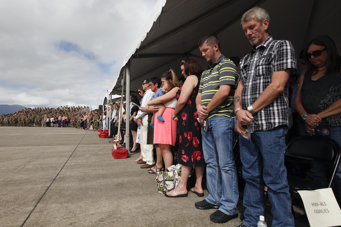 Family and friends honor the lives of the 12 fallen Marines of Marine Heavy Helicopter Squadron 463 during a memorial service on Marine Corps Base Hawaii, Jan. 22, 2016.  Twelve U.S. Marines died when their two CH-53E Super Stallion helicopters were involved in an incident off the coast of Oahu's Waimea Bay along the North Shore the evening of Jan. 14. 
