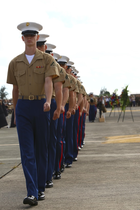U.S. Marines honor the lives of the 12 fallen Marines of Marine Heavy Helicopter Squadron 463 during a memorial service on Marine Corps Base Hawaii, Jan. 22, 2016.  Twelve U.S. Marines died when their two CH-53E Super Stallion helicopters were involved in an incident off the coast of Oahu's Waimea Bay along the North Shore the evening of Jan. 14.