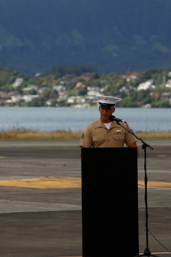 U.S. Marine Sgt. Christian Morales, speaks about Sgt. Dillon J. Semolina, one of the 12 fallen Marines of Marine Heavy Helicopter Squadron 463 during a memorial service on Marine Corps Base Hawaii, Jan. 22, 2016.  Twelve U.S. Marines died when their two CH-53E Super Stallion helicopters were involved in an incident off the coast of Oahu's Waimea Bay along the North Shore the evening of Jan. 14. 