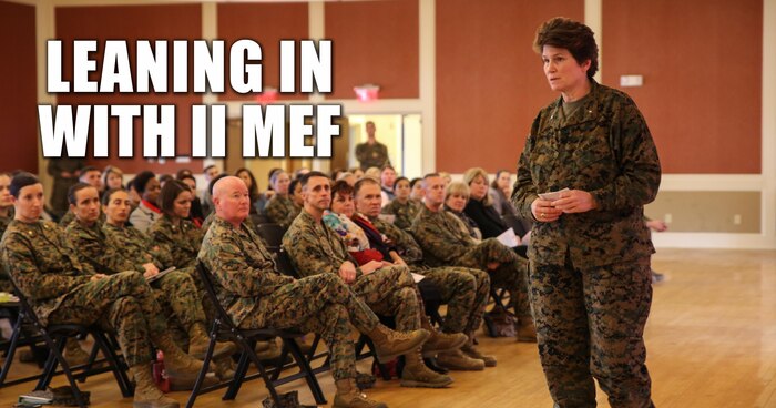 Brig. Gen. Loretta E. Reynolds, commander of U.S. Marine Corps Forces Cyberspace Command, spoke with leaders across II Marine Expeditionary Force as the guest speaker at a Lean In Circle event at Camp Lejeune, N.C., Jan. 20, 2016. In Sept. 2015, Secretary of Defense Ash Carter announced a partnership with LeanIn.Org, founded by Facebook’s chief operating officer, Sheryl Sandberg, and his commitment to bring Lean In Circles to military installations throughout the Department of Defense as a resource to be used for mentorship at the lowest levels. (U.S. Marine Corps photo illustration by Cpl. Fatmeh Saad/Released)