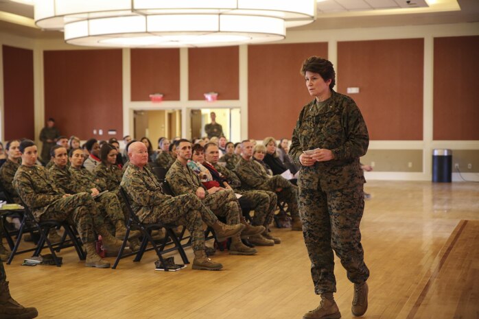 Brig. Gen. Loretta E. Reynolds, commander of U.S. Marine Corps Forces Cyberspace Command, spoke with leaders across II Marine Expeditionary Force as the guest speaker at a Lean In Circle event at Camp Lejeune, N.C., Jan. 20, 2016. In Sept. 2015, Secretary of Defense Ash Carter announced a partnership with LeanIn.Org, founded by Facebook’s chief operating officer, Sheryl Sandberg, and his commitment to bring Lean In Circles to military installations throughout the Department of Defense as a resource to be used for mentorship at the lowest levels. (U.S. Marine Corps photo by Cpl. Fatmeh Saad/Released)