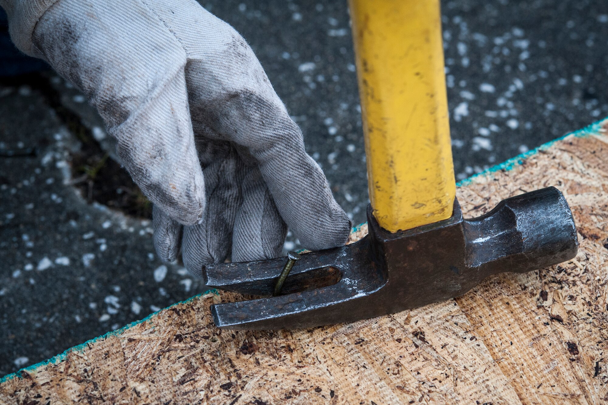 An Airman from Moody Air Force Base removes a nail during a Habitat for Humanity volunteer event, Jan. 23, 2016, in Valdosta, Ga. During the Habitat for Humanity event, volunteers assembled a variety of walls that will later be put together to build a house for a family in need. (U.S. Air Force photo by Airman 1st Class Lauren M. Johnson/Released)