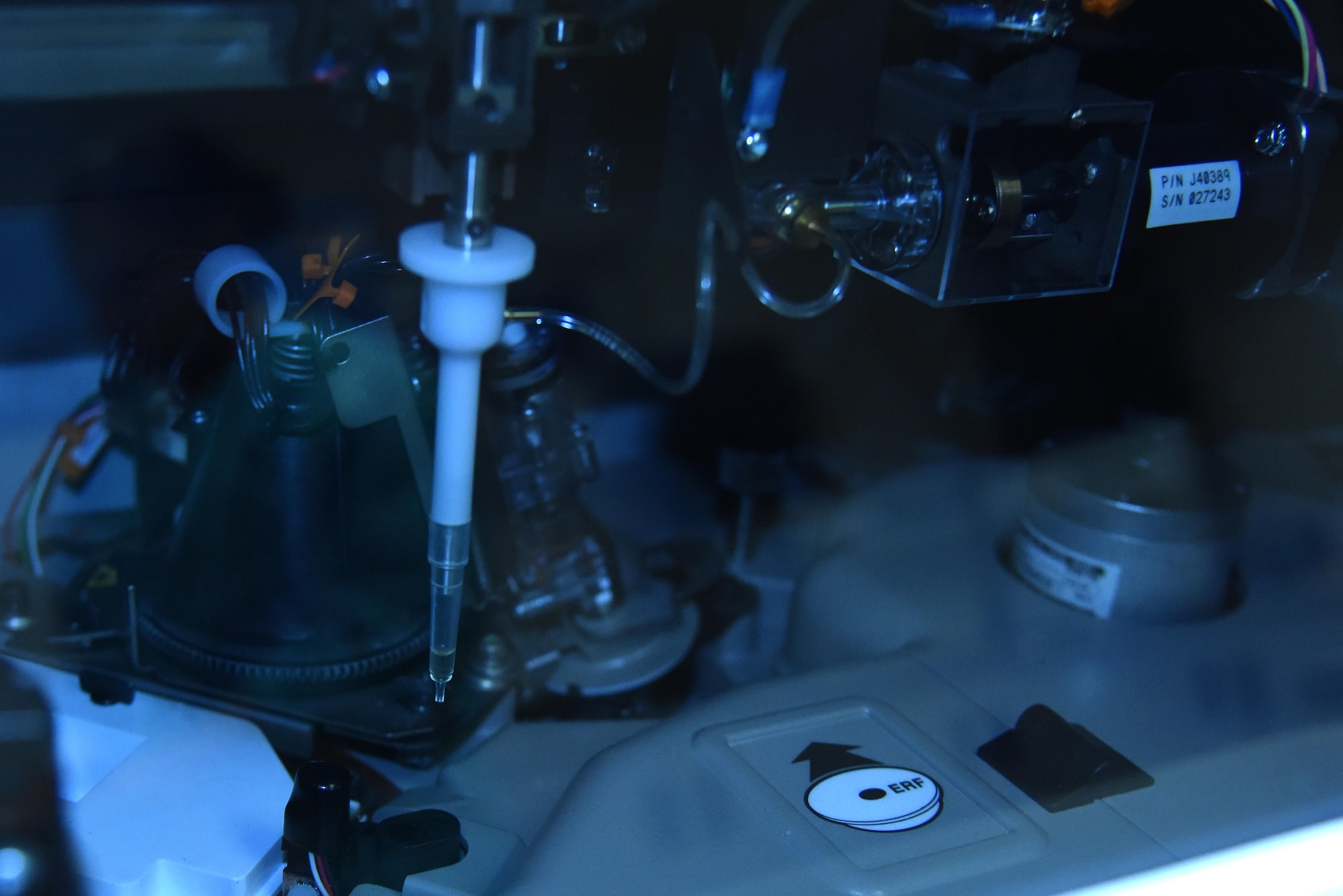 A blood sample is tested by a hematology analyzer Jan 21, 2016, at the 4th Medical Support Squadron laboratory on Seymour Johnson Air Force Base, North Carolina. Analyzers such as this count the number of different types of red and white blood cells, blood platelets, and other levels within a blood sample to help diagnose diseases affecting a patient. (U.S. Air Force photo/Staff Sgt. Chuck Broadway)