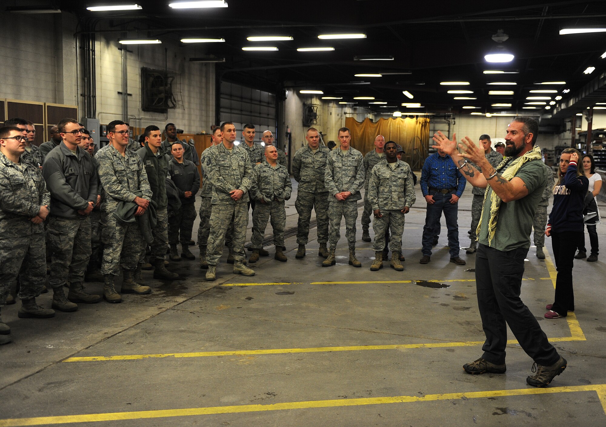 The American 300 tour visited Minot Air Force Base Airmen, led by founder Robi Powers, and three special guest. Olympian and X-Games 3x silver medalist Erin Nemec, U.S. snowboard coach Cactus Nemec and U.S. Navy Seal (RET.) Mikal Vega, joined Powers in sharing their stories of failure and triumph throughout their careers, and the importance of teamwork and camaraderie. (U.S. Air Force photos/Senior Airman Kristoffer Kaubisch)