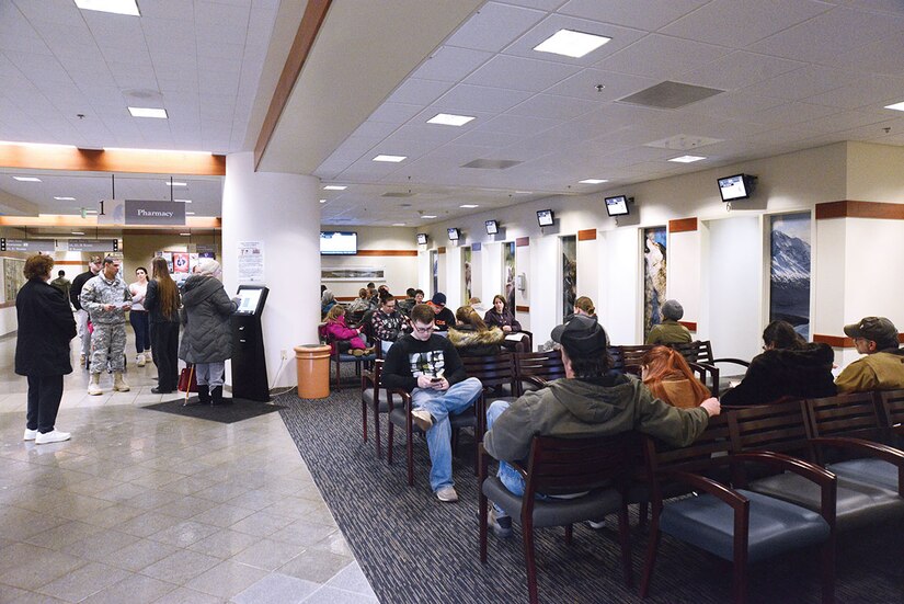Patients remain in the extended pharmacy waiting area during the busiest time of day, lunch time, at the hospital on Joint Base Elmendorf-Richardson, Alaska, Jan. 19, 2015. The seating area doubled since the redesign so patients have more room to sit. (U.S. Air Force photo by Airman 1st Class Christopher R. Morales)