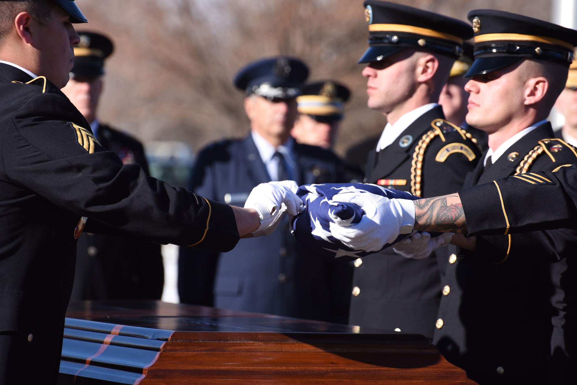 Medal of Honor recipient U.S. Army Pvt. George “Joe” Sakato is interred at Fairmount Cemetery in Denver, Jan. 16, 2016. Sakato, living in Colorado, was laid to rest with full military honors. Sakato distinguished himself by extraordinary heroism in action Oct. 29, 1944, on Hill 617 in the vicinity of Biffontaine, France. (U.S. Army National Guard photo by Staff Sgt. Manda Walters/Released)