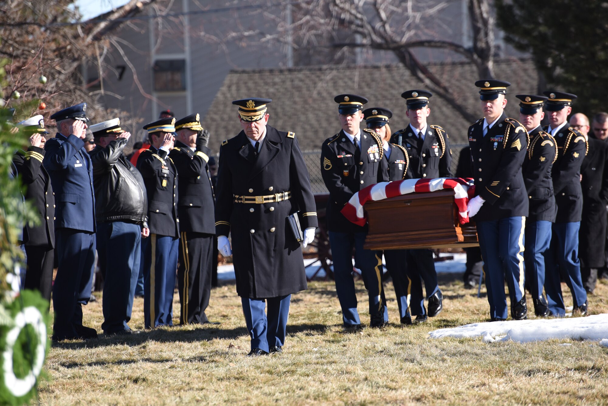 Medal of Honor recipient U.S. Army Pvt. George “Joe” Sakato is interred at Fairmount Cemetery in Denver, Jan. 16, 2016. Sakato, Colorado resident and Medal of Honor recipient from World War II, was laid to rest with full military honors. Sakato distinguished himself by extraordinary heroism in action Oct. 29, 1944, on Hill 617 in the vicinity of Biffontaine, France. (U.S. Army National Guard photo by Staff Sgt. Manda Walters/Released)
