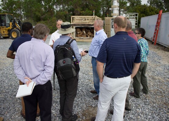The Air Force Civil Engineer Center recently tested a prototype gasification system at the AFCEC Research and Test Facility on Tyndall Air Force Base, Florida. Engineers are testing the system as an energy efficient and environmentally compliant way to eliminate the use of open pit burning to dispose of municipal solid waste in deployed environments. (U.S. Air Force Photo/Mekka Parish/Released)
