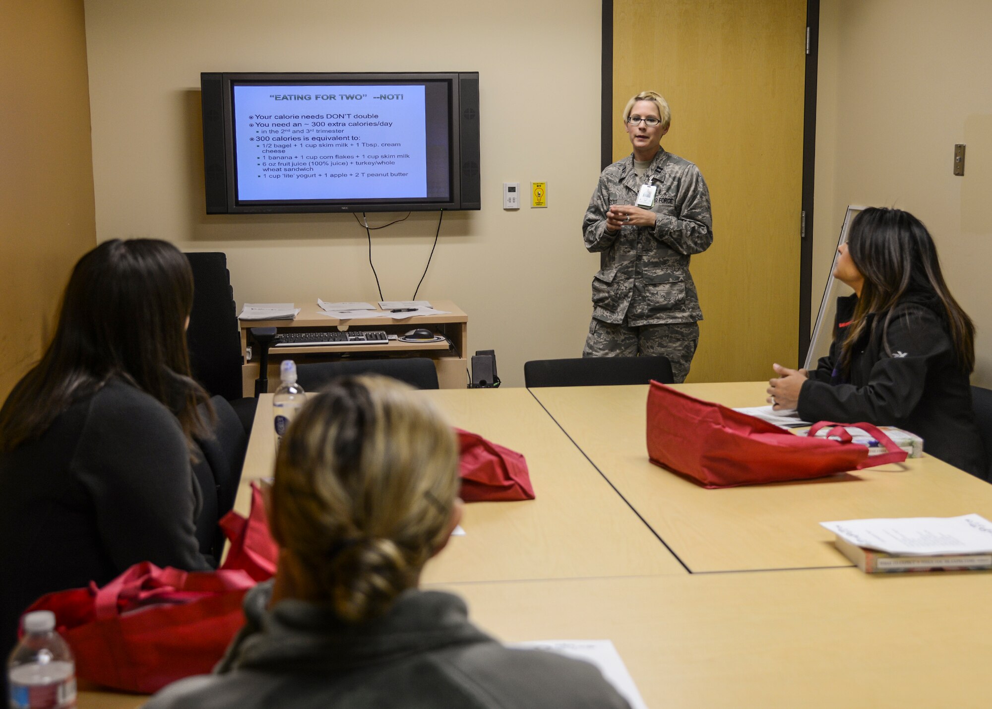 Capt. Coral Pettit, 412th Medical Group, Health Care Integration, teaches a New Pregnancy Orientation class through Family Advocacy. (U.S. Air Force photo by Rebecca Amber)
