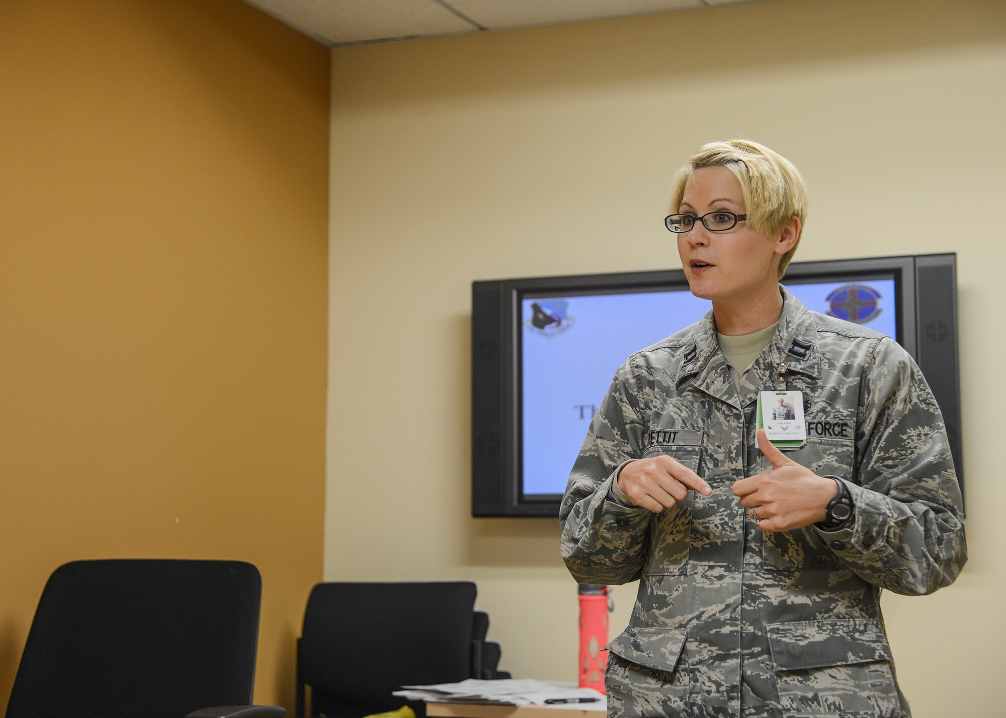 Capt. Coral Pettit, 412th Medical Group, Health Care Integration, teaches a New Pregnancy Orientation class through Family Advocacy. Offering everything from New Pregnancy Orientation and parenting classes, to stress and anger management, Family Advocacy is ready to help the base community members reach their personal goals. (U.S. Air Force photo by Rebecca Amber)