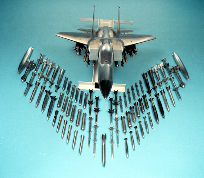 Store separation testing, using 5-percent scale models, began in 1985. More than 500 configurations have been investigated to ensure that the F-15 Eagle can safely deliver its wide array of weapons to accomplish its air-to-ground & air-to-air missions. (AEDC Photo-1990)