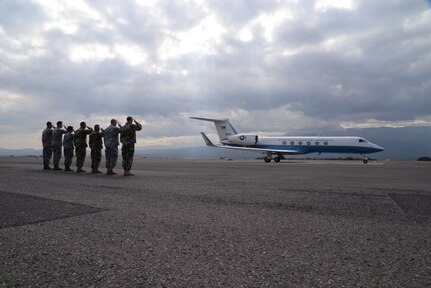 U.S. Military members salute U.S. Navy Adm. Kurt W. Tidd, Southern Command commander plane as it leaves Soto Cano Air Base, Honduras, Jan. 22, 2016. Tidd visited Joint Task Force-Bravo to gain a better understanding of JTF-Bravo’s mission set and to reach out and receive feedback from the men and women that serve to protect the United States from afar. (U.S. Air force photo by Senior Airman Westin Warburton/Released)