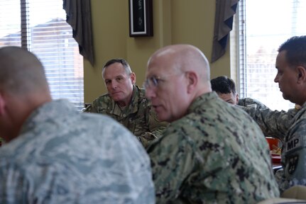 U.S. Army Command Sgt. Maj. William Zaiser, Southern Command senior enlisted leader, listens to U.S. Navy Adm. Kurt W. Tidd, Southern Command commander during a visit to Soto Cano Air Base, Honduras, Jan. 22, 2016. Tidd’s visit was his first visit to the base and served as an opportunity to gain a better understanding of JTF-Bravo’s mission set, in addition to reaching out to the men and women who help build and enhance the relationships between the U.S. and partner nations in Central America. (U.S. Air force photo by Senior Airman Westin Warburton/Released)