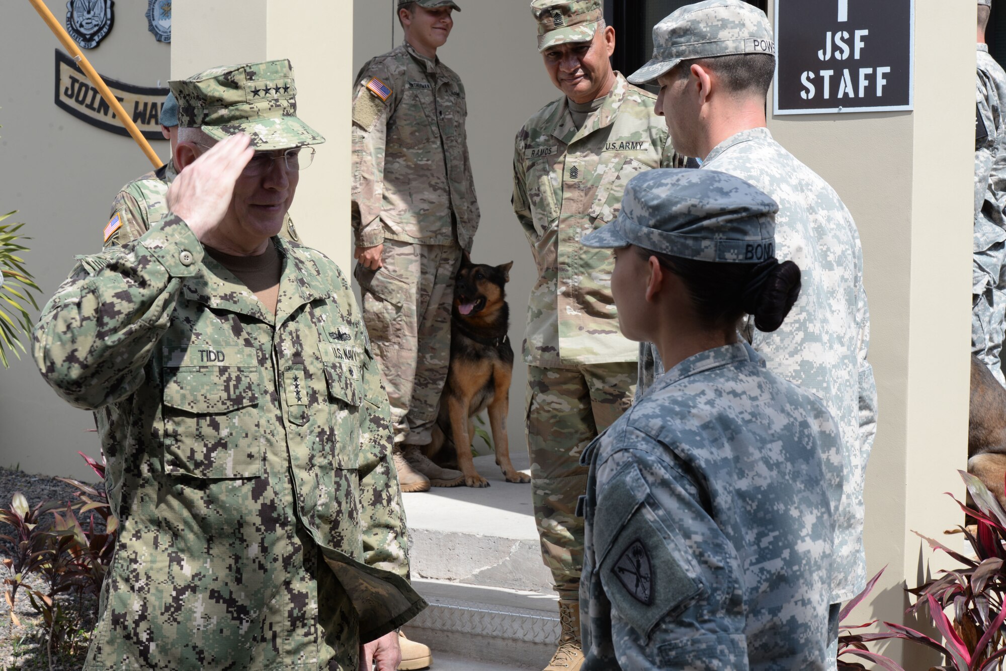 U.S. Navy Adm. Kurt W. Tidd, Southern Command commander speaks with members of Joint Task Force-Bravo during his visit to Soto Cano Air Base, Honduras, Jan. 22, 2016. Tidd’s visit gave him the opportunity to gain a better understanding of JTF-Bravo’s mission set and to reach out and receive feedback from the men and women that serve to protect the United States from afar. (U.S. Air force photo by Senior Airman Westin Warburton/Released)