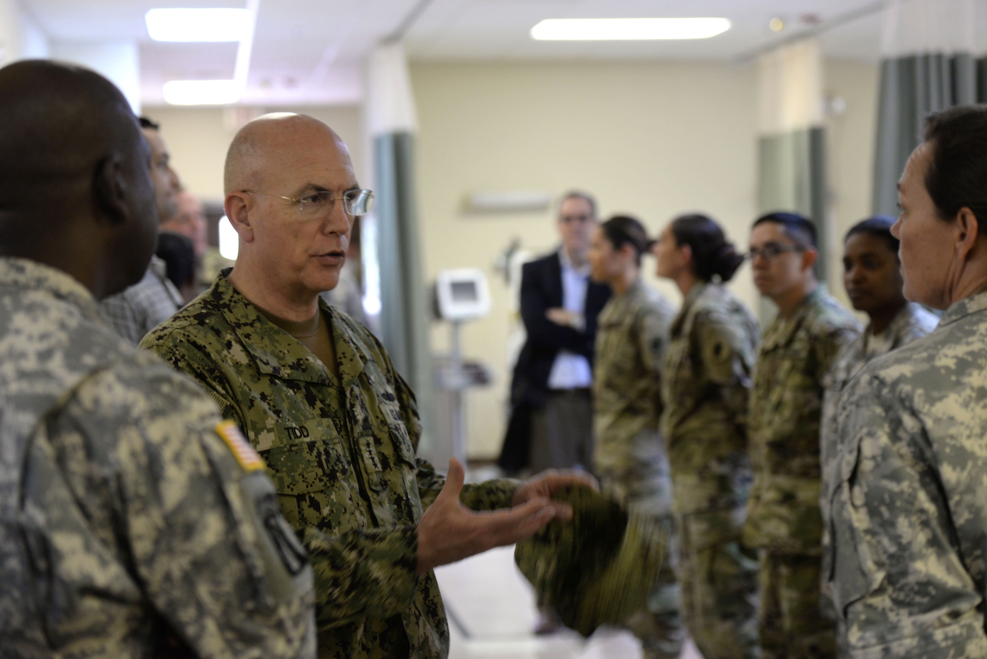 U.S. Navy Adm. Kurt W. Tidd, Southern Command commander speaks with members of Joint Task Force-Bravo during his visit to Soto Cano Air Base, Honduras, Jan. 22, 2016. Tidd’s visit gave him the opportunity to gain a better understanding of JTF-Bravo’s mission set and to reach out and receive feedback from the men and women that serve to protect the United States from afar. (U.S. Air force photo by Senior Airman Westin Warburton/Released)