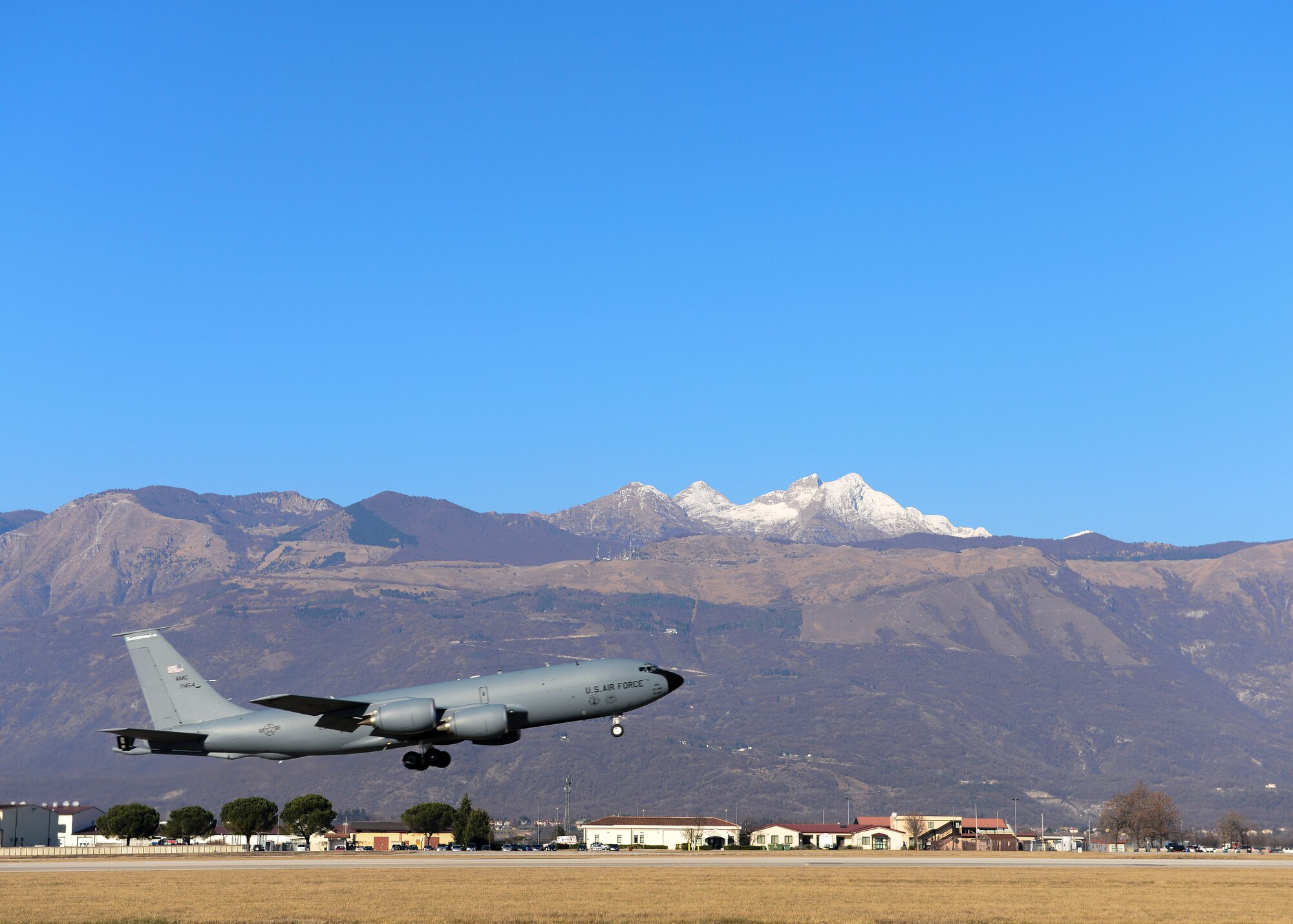 A KC-135 Stratotanker assigned to the 92nd Air Refueling Wing, Fairchild Air Force Base, Wash., takes off from Aviano Air Base, Italy, Jan. 21, 2016, in support of the F-16 Fighting Falcons from the 510th Fighter Squadron that departed for exercise Red Flag 16-1 at Nellis Air Force Base, Nev. Red Flag is a realistic combat-training exercise involving the air forces of the United States and its allies. (U.S Air Force photo by Airman 1st Class Cory W. Bush/Released)