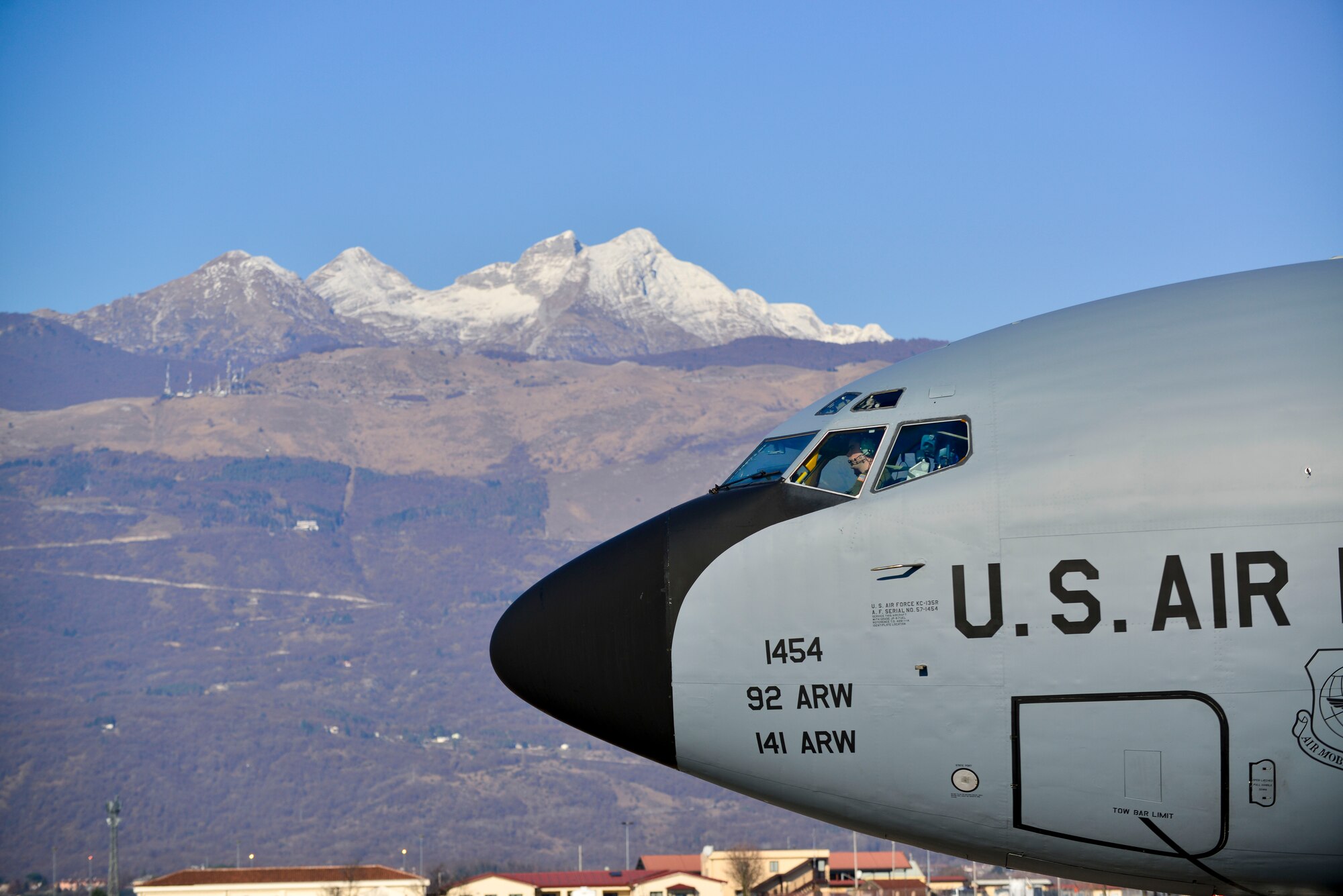 A KC-135 Stratotanker assigned to the 92nd Air Refueling Wing, Fairchild Air Force Base, Wash., taxies down the runway at Aviano Air Base, Italy, Jan. 21, 2016. The KC-135 departed Aviano AB to support F-16 Fighting Falcons from the 510th Fighter Squadron on their way to exercise Red Flag 16-1 at Nellis Air Force Base, Nev. (U.S Air Force photo by Airman 1st Class Cory W. Bush/Released)