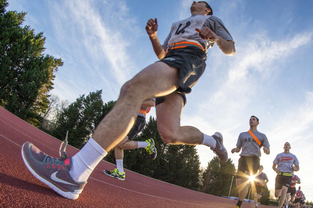 Army ROTC cadets participate in a 2-mile run during an Army Physical Fitness Test at Clemson University in South Carolina, Jan. 14, 2016. U.S. Army photo by Staff Sgt. Ken Scar