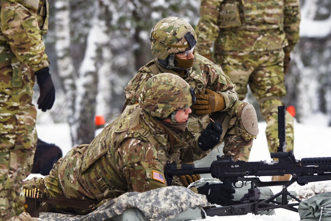 Soldiers identify their target before firing a M240 machine gun during a training exercise at Adazi Training Area in Latvia, Jan. 25, 2016. Army photo by Staff Sgt. Steven Colvin