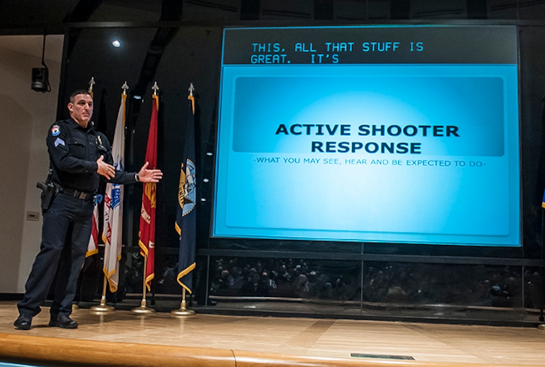 Whitehall SWAT team member Sgt. Chad Huntzinger explained what actions the DSCC workforce should take in the immediate moments in the unlikely event an active shooter situation unfolds in Columbus at DLA Land and Maritime.  