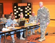Command Sgt. Maj. Ted Copeland, 79th Sustainment Support Command command sergeant major, addressed a group of 25 first sergeants who worked together, sharing their experiences and contributed to the flow of ideas at the George W. Dunaway Army Reserve Center in Sloan, during a First Sergeant Workshop Jan. 22-24.