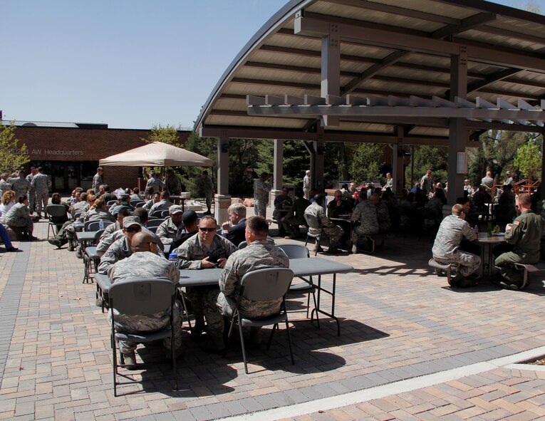 The newly constructed courtyard and centerpiece to four 302nd Airlift Wing campus buildings has been recognized as the 2015 Honor Award winner in the category of Landscape Architecture for the 2015 Air Force Design Awards program.  Since the courtyard’s completion in 2014, the wing has held numerous gatherings to include promotion and recognition events including the lunch event for Secretary of the Air Force, Deborah Lee James’ visit in April 2015, pictured here. 