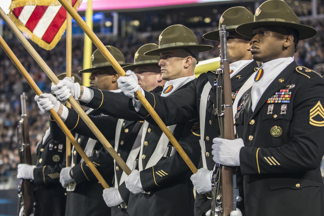 The United States Army Drill Sergeant Academy color guard from Fort Jackson, S.C., presents the National Colors during pregame of the NFC Championship  between the Carolina Panthers and the Arizona Cardinals at Bank of America Stadium in Charlotte, N.C., Jan. 24, 2016.(U.S. Army photo by Sgt. 1st Class Brian Hamilton)