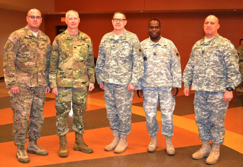 Command Sgt. Maj. Ted Copeland, 79th Sustainment Support Command command sergeant major, Brig. Gen. David E. Elwell, 311th Expeditionary Sustainment Command commanding general, Col. Jon Hewitt, 311th ESC deputy commander, Command Sgt. Maj. Grady Blue, 311th ESC command sergeant major, and Command Sgt. Maj. Mario Canizales, 650th Regional Support Group command sergeant major, were in attendance at the George W. Dunaway Army Reserve Center in Sloan, during a First Sergeant Workshop Jan. 22-24.
