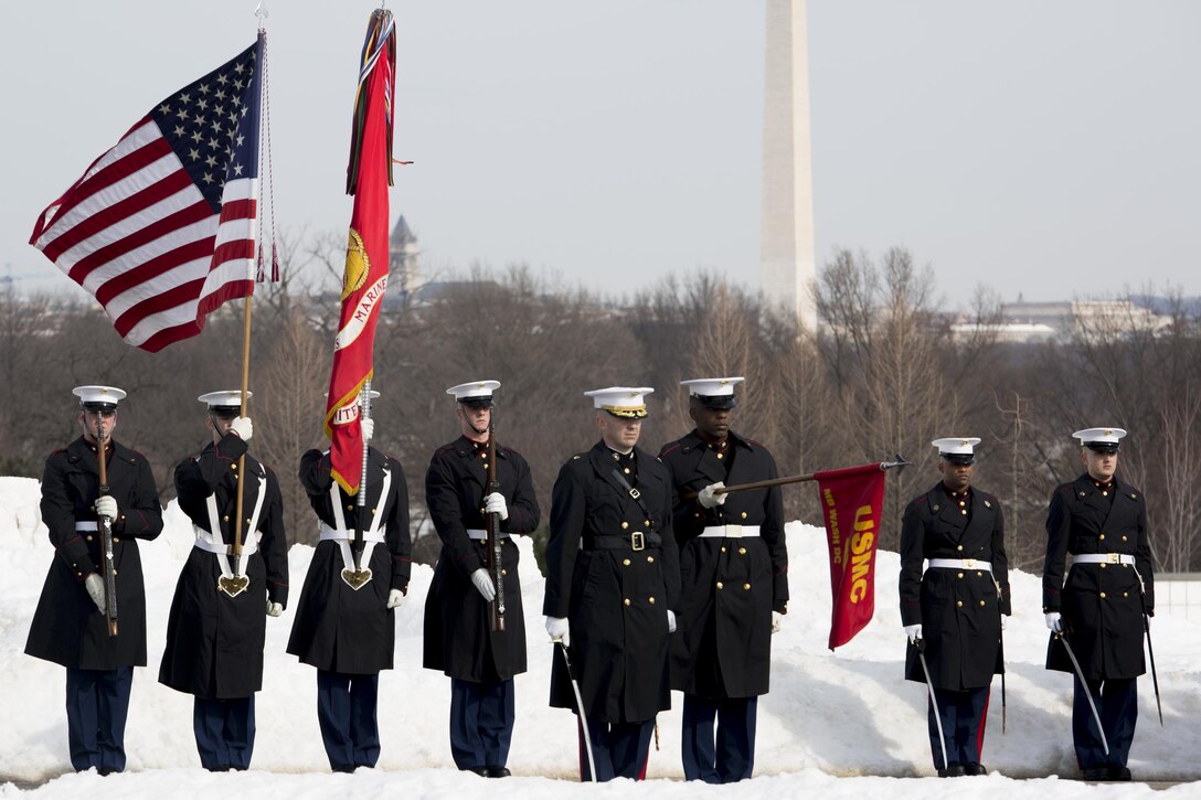 Marines from Marine Barracks Washington, D.C., present arms during the funeral for a Vietnam War and Marine Corps veteran at Arlington National Cemetery, Va., Jan. 26, 2016. (Official Marine Corps photo by Cpl. Chi Nguyen/Released)