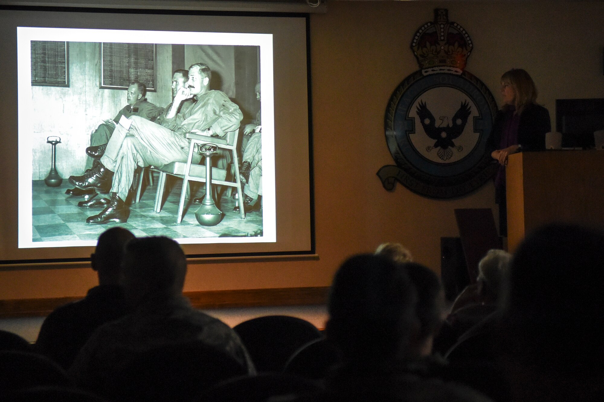 Christina Olds, daughter of late Brig. Gen. Robin Olds, shares her father’s legacy and aerial accomplishments, during a brief, Jan. 22, 2016, at Seymour Johnson Air Force Base, North Carolina. During the Vietnam War the general flew 152 missions. (U.S. Air Force photo/Airman Shawna L. Keyes)