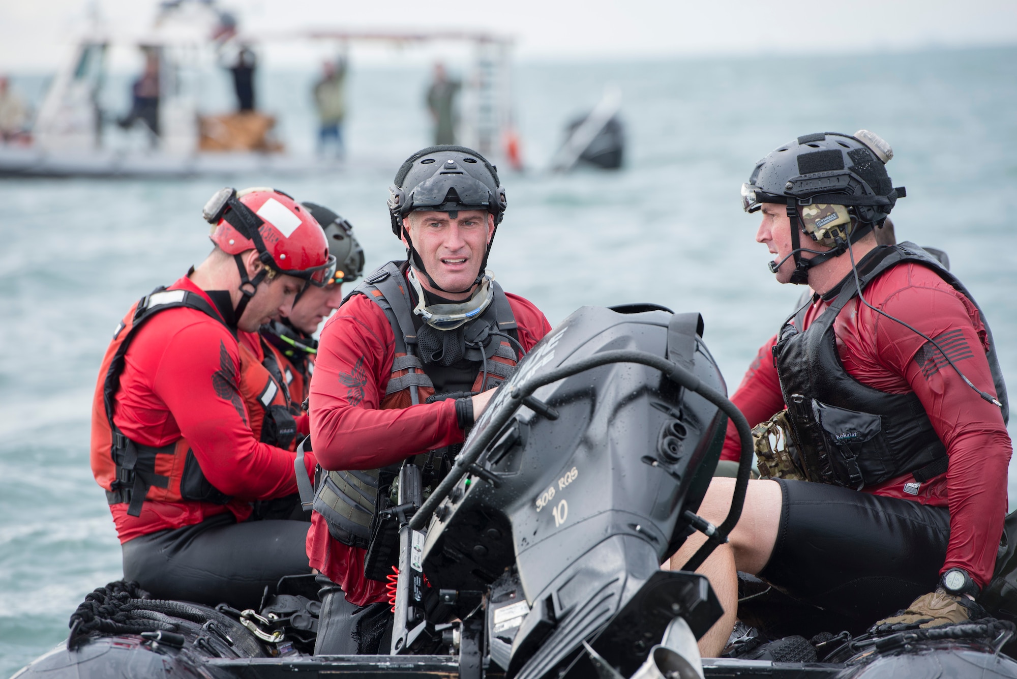 Members of the 308th Rescue Squadron “Guardian Angels” get ready to sail home after descending into the Atlantic Ocean using rescue equipment that was also airdropped from a C-17 Globmaster III during a NASA astronaut recovery exercise Jan. 14 near Cape Canaveral Air Force Station, Fla.  Air Force Reserve pararescuemen, combat rescue officers and survival, evasion, resistance and escape specialists trained in their specialty as part of a NASA Commercial Crew Program and Air Force 45th Operations Group Detachment 3 test of capability to recover astronauts quickly and safely in the event of they would need to abort their spacecraft. Det. 3, the Department of Defense's Human Space Flight Support Office, is the only full time staff that coordinates and trains personnel to support human spaceflight contingencies. Det. 3 supports all NASA human spaceflight missions, including Soyuz, Commercial Crew, and Orion, and consists of Air Force and Navy military and civilian personnel from a wide variety of specialties. (U.S Air Force photo/Matthew Jurgens) (Released)