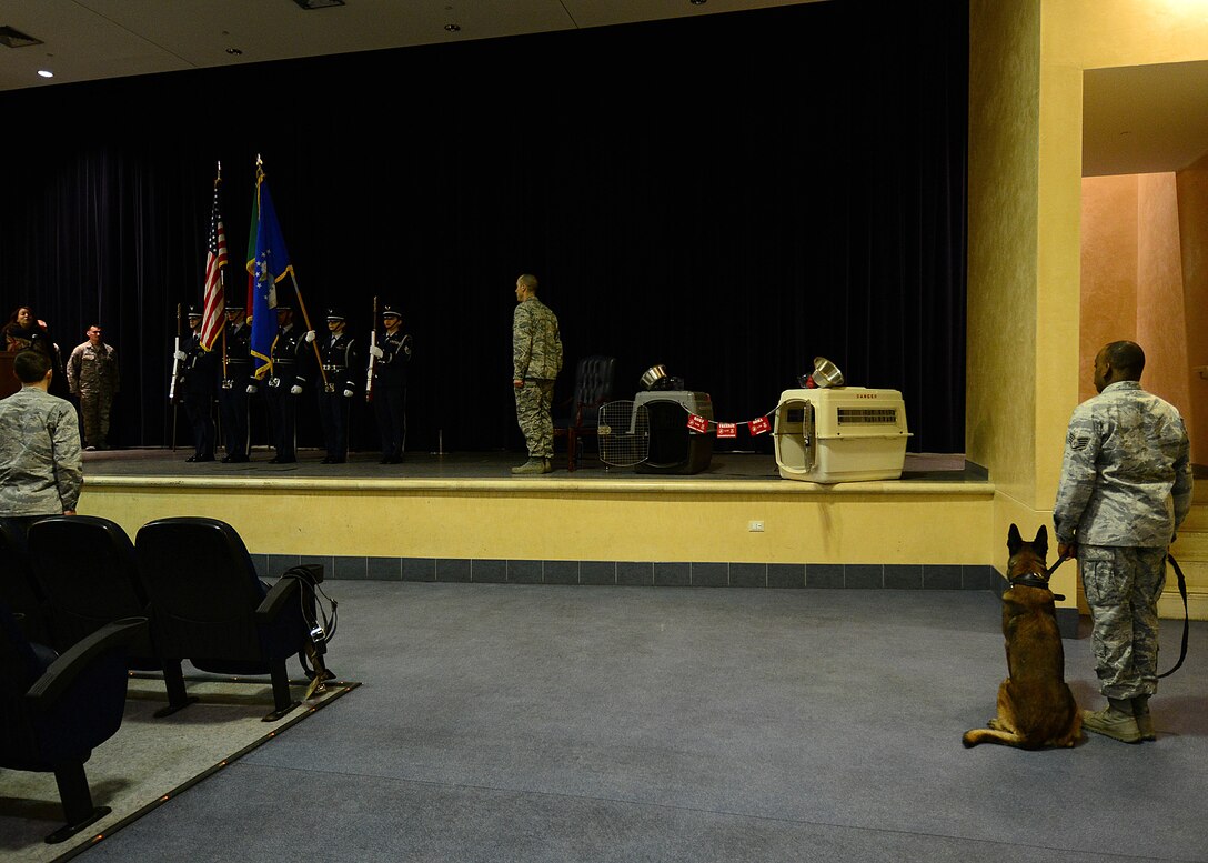 The 31st Security Forces Squadron held a military working dog retirement ceremony Jan. 22, 2016, at Aviano Air Base, Italy.  Soma, Treesje and Roki retired from service, received a certificate and were adopted into a new family. Department of Defense MWD’s are trained at Lackland Air Force Base in San Antonio, Texas. (U.S. Air Force by Staff Sgt. Evelyn Chavez)